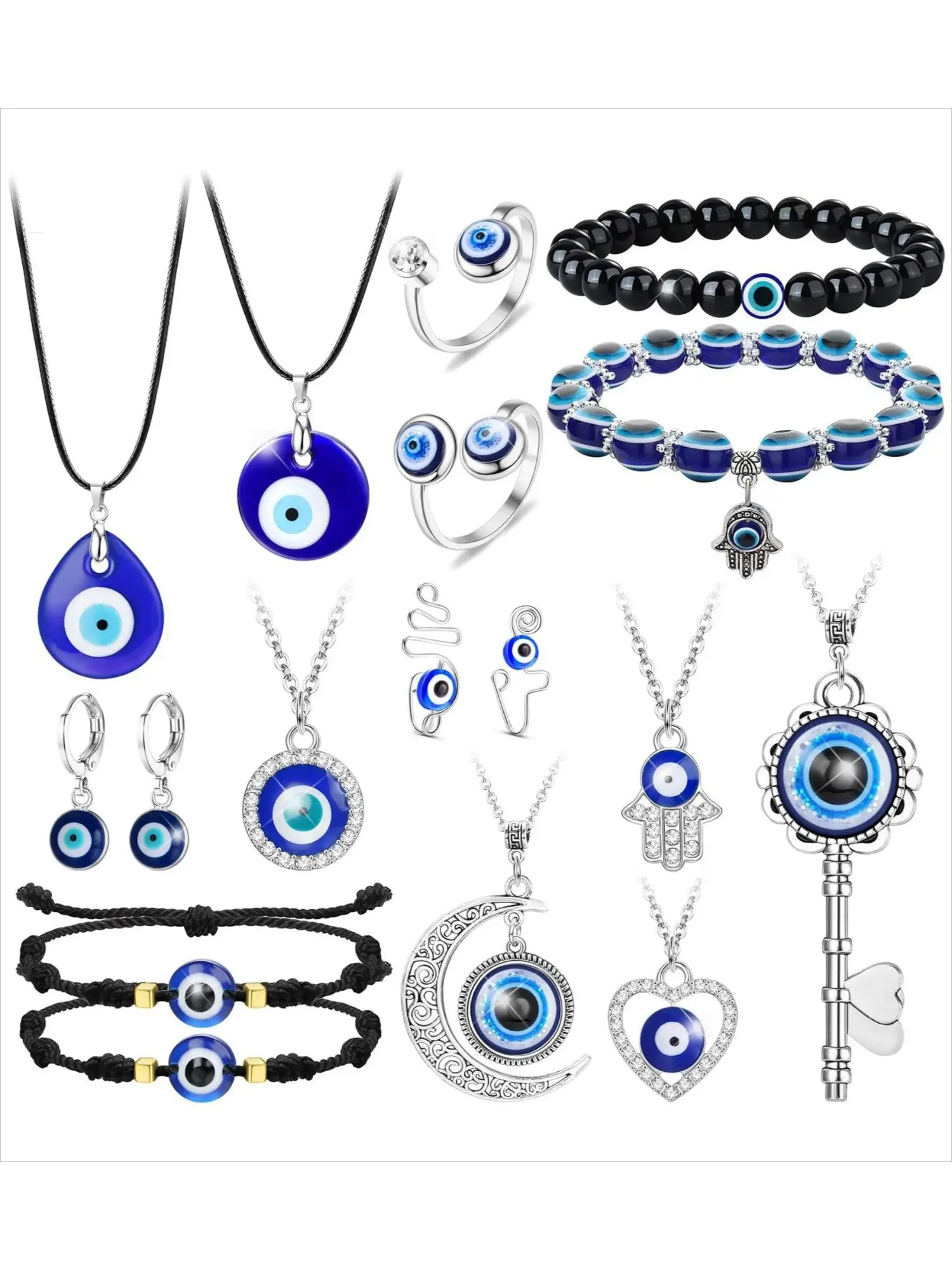 Unisex 17 Pcs Blue Evil Eye Jewelry Pack, Trendy Jewelry Set, Jewellery Gift Set, for Women Men Evil Eye Necklaces Trendy Protection Bracelets Traditional Turkish Cultural Elements Distinctive Blue Evil Eye Details Exquisite Workmanship