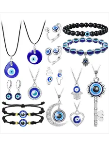 17 Pcs Diverse Blue Evil Eye Necklace Bracelet Set for Women Men Fashionable Unisex Turkish Protection Jewelry with Blessing Meaning Timeless Evil Eye Patterns in Classic Blue Hues Coordinated Set Blends Boho Aesthetic with Spiritual Protective Symbolism