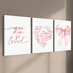 3-count wooden frame canvas, pink heart and bow three-piece decorative poster, atmosphere girlish and Valentine's Day romantic decoration, modern family poster, wall, fashionable living room decoration art