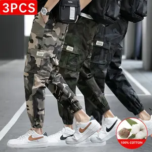 3-pack men’s pure cotton camouflage cargo jogger pants with multiple pockets and branded details; skin-friendly, wear-resistant, breathable, loose fit that flatters the figure, trendy and versatile; suitable for everyday outdoor streetwear in all seasons.