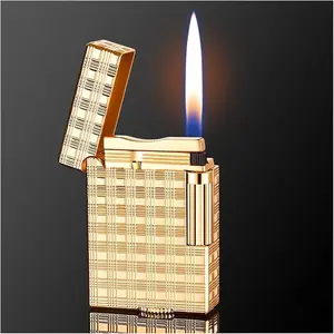 Classic Brushed Gas Lighters, Zinc Alloy Refilled Butane Lighter, Side Wheel Frosted Lighter, Flip Lighters, for, Camping, Men's Gifts (Gold)