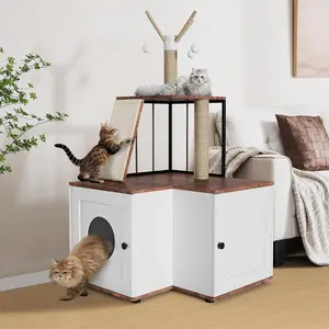 Cat Tree Litter Box Enclosure Hidden Litterbox, Large Tall Cat Tower for Indoor Cats Large Adult, 2 in 1 Multi Level 48.8 Inch Wooden Furniture with Scratching Post, Hanging Balls for Pets Enclosed