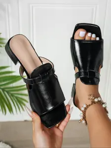 Chunky Heel Open Toe Sandals, High Heel Leather Slippers, Summer Party Fashion Shoes, Elegant Women's Footwear