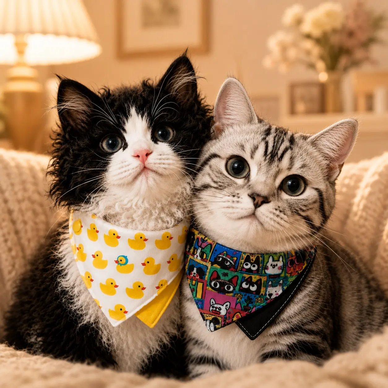 2 Pack Adjustable Cat & Dog Bandanas with Elastic Neck Strap, Soft Reversible Pet Bandana Bib, No-Choke Lightweight Washable Bandana for Cats, Kittens, Puppies & Small Dogs (Duck Pattern & Cartoon Pattern)