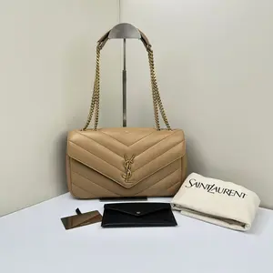 Pre-owned Yves Saint Laurent Lambskin Crossbody Bags Loulou Quilted Flap Medium Beige CPU0407