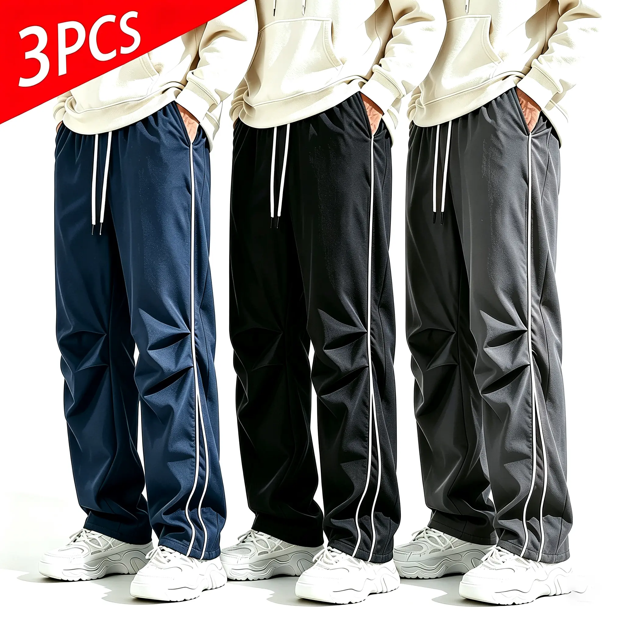 3-pack summer fashion casual athletic pants for men, loose fit, black with side stripes paired with white decorative stripes, comfortable casual long pants—fitness pants, tennis pants, menswear, streetwear, jogging pants