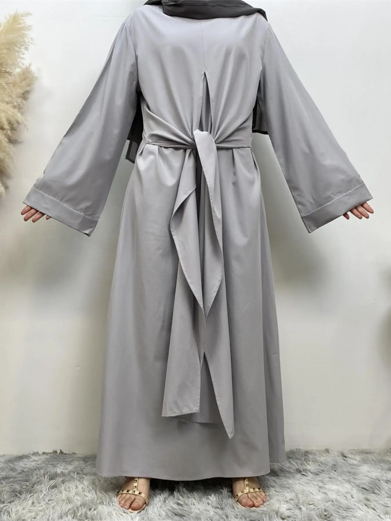 Women's Solid Color Tie Front Long Sleeve Dress, Modest Casual Long Dress for Spring & Fall, Women's Islamic Clothing for Daily Wear