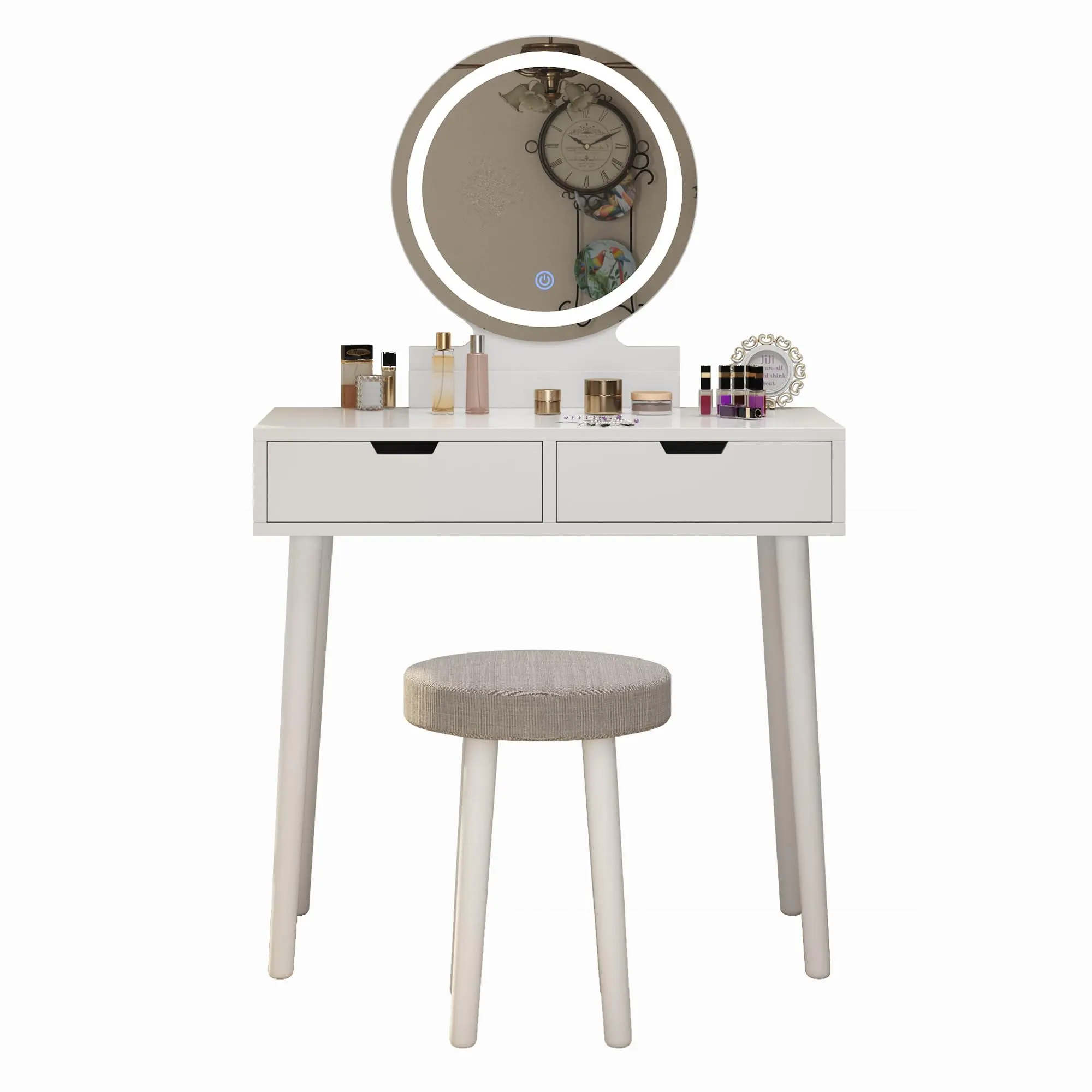 Modern Vanity Desk with Touch Light Mirror and Stool – 2 Drawers, Compact Makeup Table for Girls and Women, Easy Assembly, Bedroom Dressing Table, White
