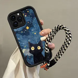 Aesthetic Cat & Starry Sky Pattern Phone Case with Phone Lanyard, Shockproof Phone Protective Cover, Phone Accessory Compatible with iPhone 16 15 14 13 12 11 Pro Max