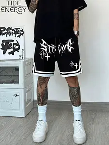 Men's Death Metal Font Cross Print Basketball Shorts, Loose Fit Street Style, Color Block Edges, Casual Daily Wear