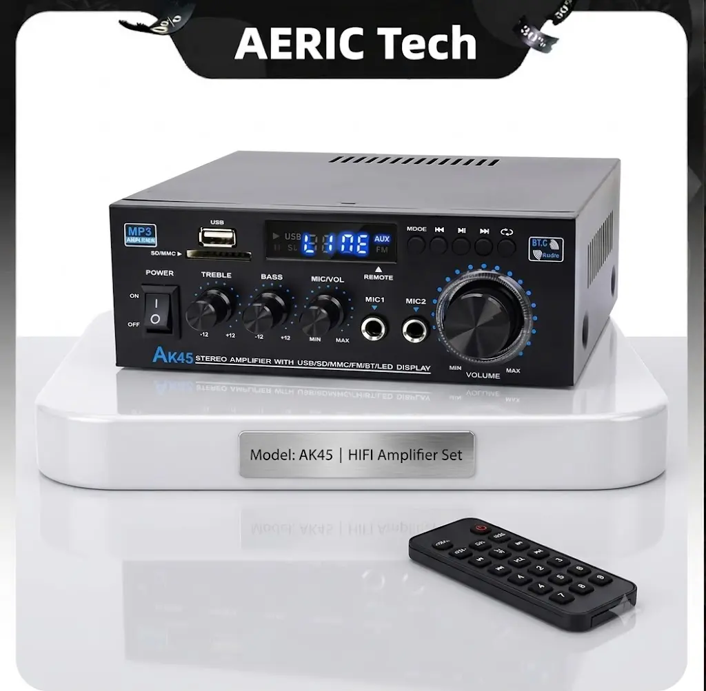 AK45 Bluetooth 5.0 HiFi 2.0 Channel Digital Stereo Amplifier with USB, SD, RCA, Dual Microphone Support, Smartphone Connection for Karaoke, Home Theater Audio Streaming