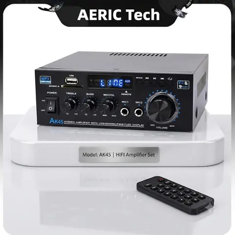 AK45 Digital Bluetooth 5.0 HiFi Dual Ch. Home Amplifier - 300W Total, 45W Per Channel, USB/SD/RCA, Dual Mic Jacks with Independent Mic Volume Adjustment, Streaming, Smartphone Connection, Indoor Karaoke, Box for Audio Enthusiasts