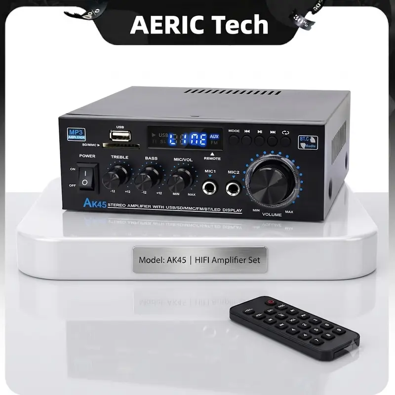 AK45 Digital Bluetooth 5.0 HiFi Dual Ch. Home Amplifier - 300W Total, 45W Per Channel, USB/SD/RCA, Dual Mic Jacks with Independent Mic Volume Adjustment, Streaming, Smartphone Connection, Indoor Karaoke, Box for Audio Enthusiasts