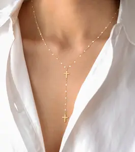 Chesky Cross Necklaces for Women Long Trendy Lariat Rosary Beaded Pendant Drop Dainty Necklace Jewelry