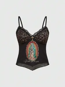 LUSHLACE x ROMWE Fairycore Spring/Summer Y2K Maria Holy Patchwork Leopard Print Rhinestone Lace Camisole Top