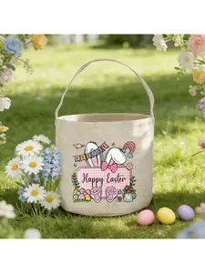 Rainbow Bunny Happy Easter Basket | Cute Rabbit Print Tote | Versatile Bucket For Easter Egg Hunts, Gift Wrapping & Home Decor