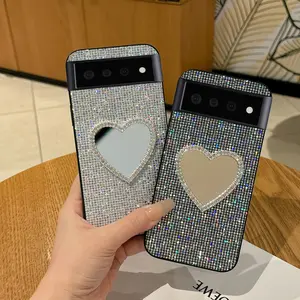 Rhinestone Heart-Shaped Mirror Phone Case for Google Pixel 10/9/8/7/6 A Pro XL – Sparkling Glitter Protective Case  #SZAXKBlack
