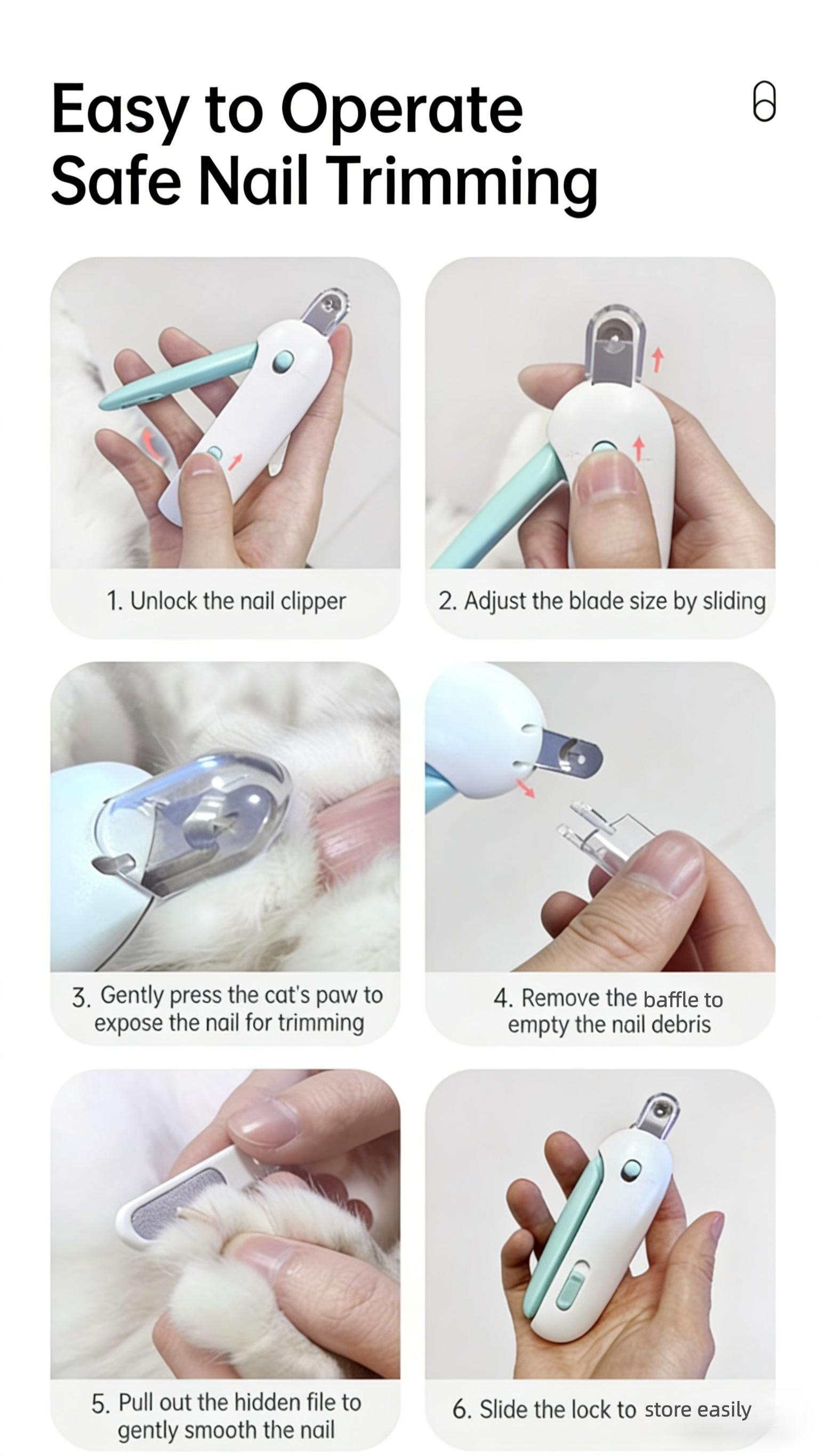 Cat Nail Clipper with 4-Size Adjustable Trimming Hole & Hidden Nail File | Safe Toenail Trimmer for Kittens & Puppies | Anti-Splash Claw Cutter for Pet Grooming