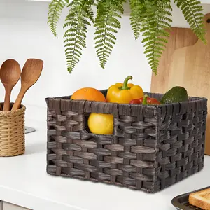 2-Piece PE Rattan Square Woven Storage Baskets with Handles, Waterproof & Weatherproof, Heavy Duty Durable Organizer, Stylish Home Decor for Living Room, Bathroom, Patio & Closet