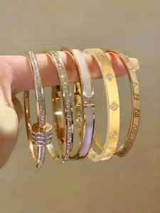 5pcs Stainless Steel Bracelets, Rhinestone Decor, Elegant Jewelry Bracelet, Unisex Fashion Jewelry, Perfect Valentine's Day Gift, All Occasions, Stackable Bracelets