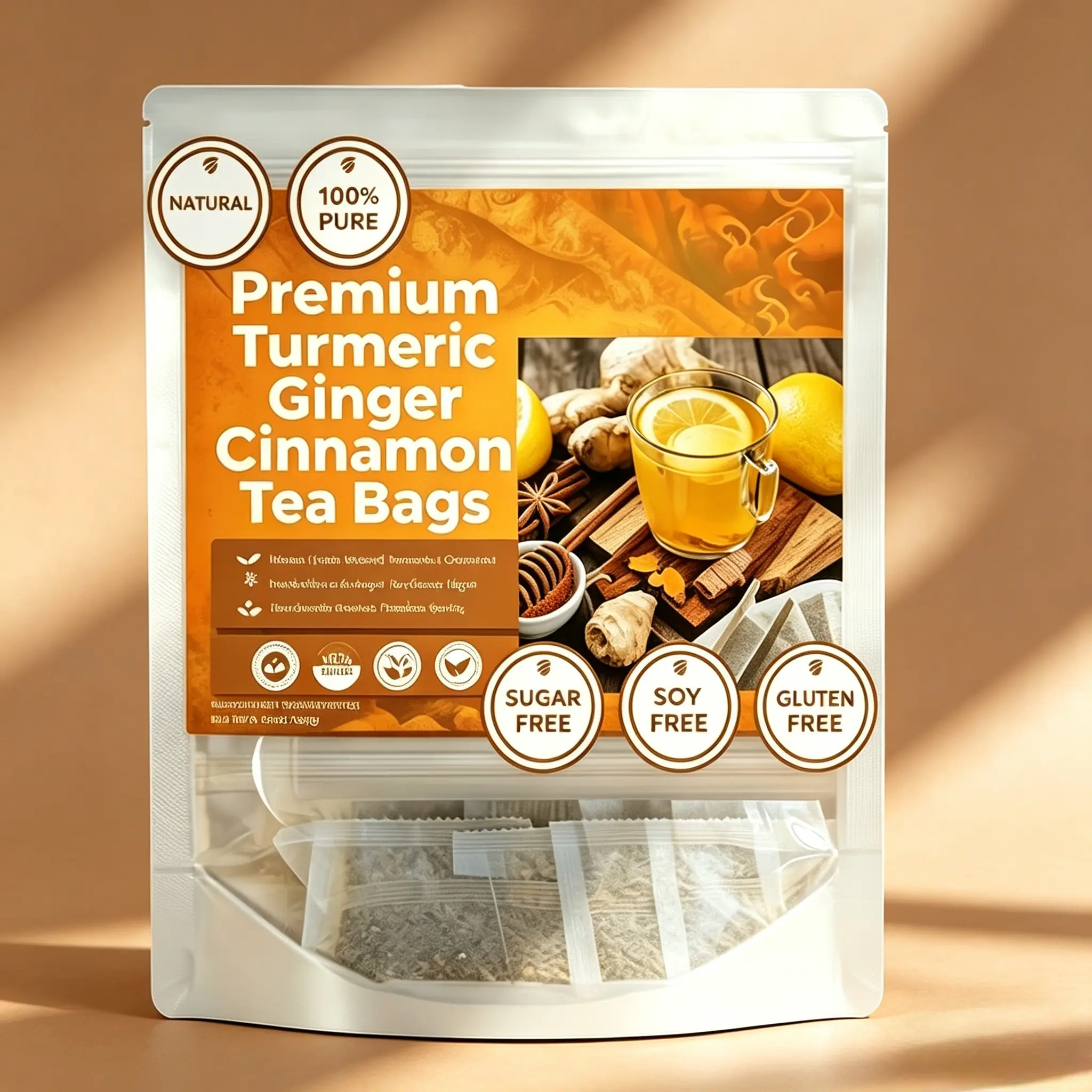 Premium Turmeric Ginger Cinnamon Tea Bags 60 Count Herbal Wellness Tea for Daily Detox & Immune Support Sugar Free Vegan Blend Natural Beverage with Lemon