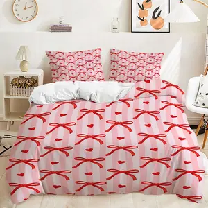2/3Pcs Charming Striped Duvet Cover Set with Red Bows & Hearts, Soft and Cozy Bedding Set, Perfect for Stylish Bedroom Decor, Light Pink & White Stripes, Ideal for Modern Living Spaces!Includes 1 or 2 Pillowcase - No filling/Zipper Closure