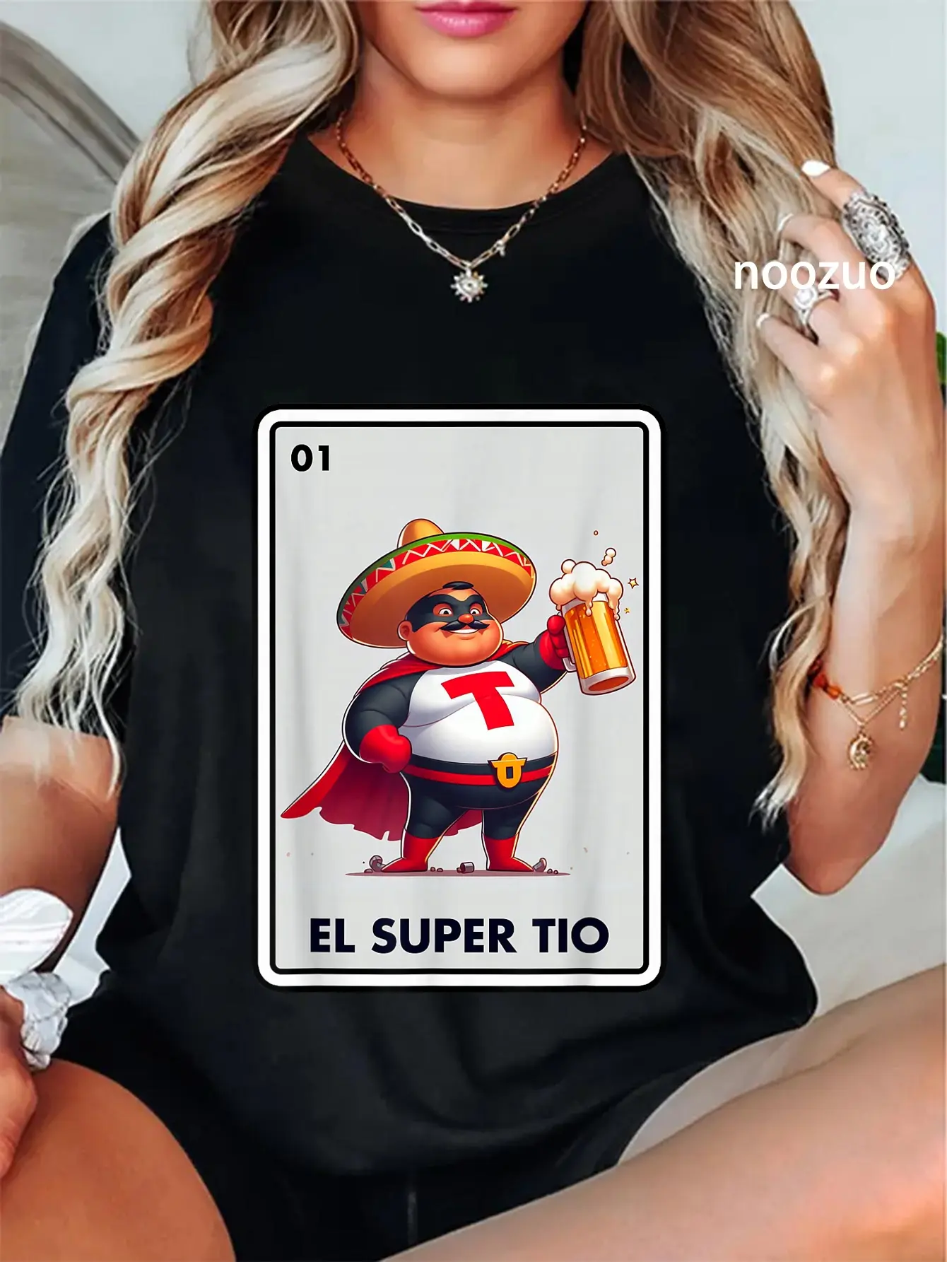 Women's 100% Cotton Casual Round Neck Short-Sleeve Vintage Graphic Tshirt, Lady's Everyday Streetwear for Mexican Uncle Bingo Card Enthusiasts