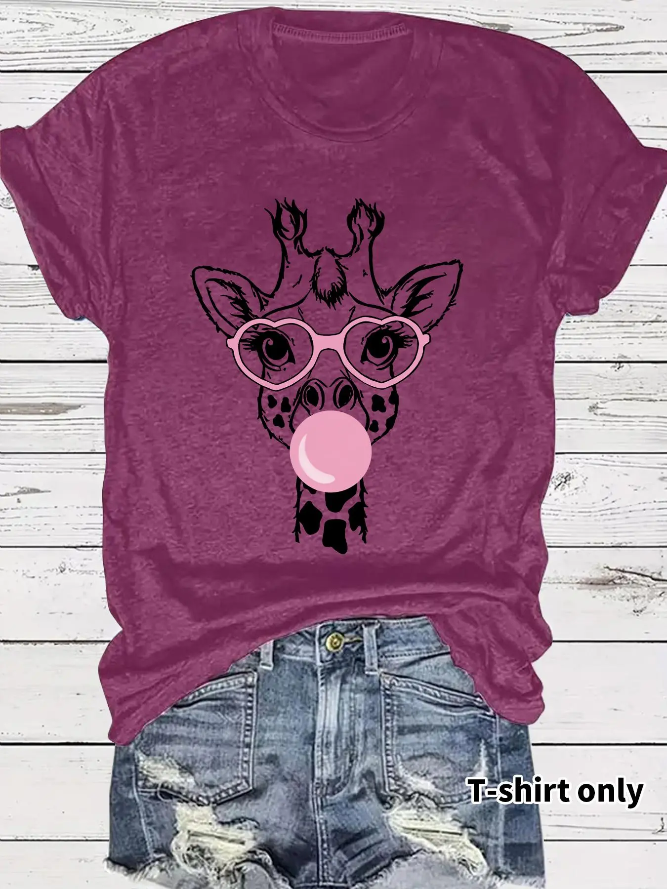 Women's Giraffe Print Animal Print Round Neck Tee, Fashion Casual Bubble Gum Design Fitted Short Sleeve Breathable T-shirt Fabric for Daily Wear, Ladies Summer Clothes Tops Womenswear