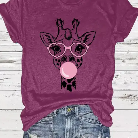 Women's Giraffe Print Animal Print Round Neck Tee, Fashion Casual Bubble Gum Design Fitted Short Sleeve T-shirt Fabric for Daily Wear, Ladies Summer Clothes Tops Womenswear, Casual T Shirts