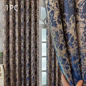 1 Piece High-End Blue & Gold Jacquard Curtains – High Blackout with Great Drape, Luxury Decorative Ready-Made Drapes for Living Room & Bedroom, with Heat Insulation & Noise Reduction, Perfect for All Seasons