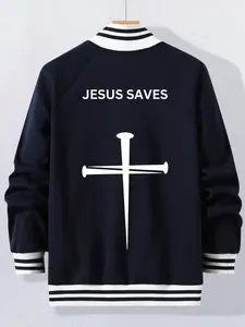Men's Loose-Fit Baseball Neck Jacket, Jesus Theme Print, Fall & Winter Outerwear, Casual Plain Pattern, No Padding, Versatile Men's Coat