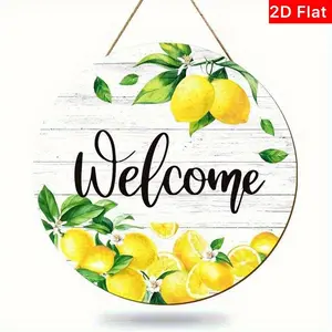 1pc 2D Flat Country Farmhouse Lemon Welcome Sign, Rustic Farmhouse Design, Round Wooden Wall Decor, Bright Lemon and Leaves, Hanging Rope