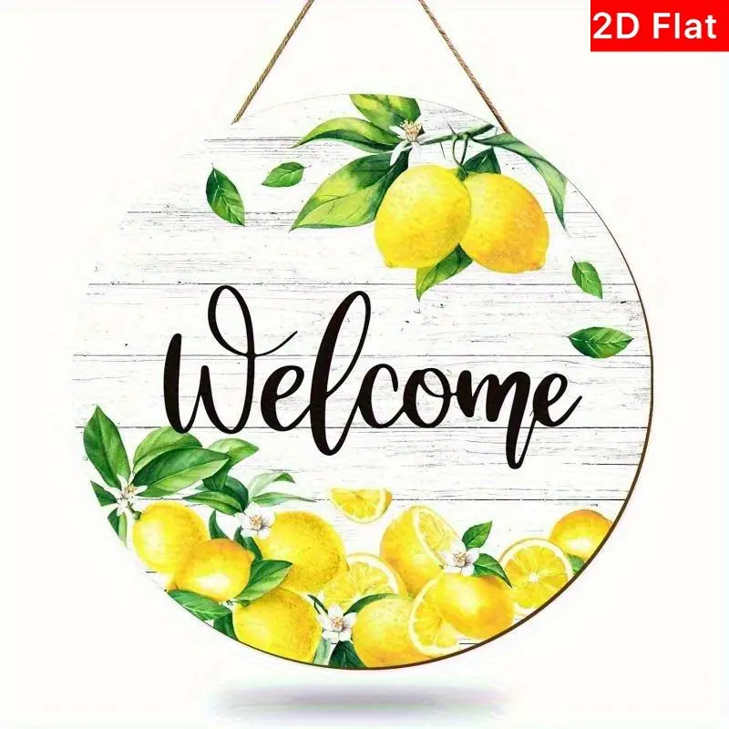 1pc 2D Flat Country Farmhouse Lemon Welcome Sign, Rustic Farmhouse Design, Farmhouse Decoration, Round Wooden Wall Decor, Bright Lemon and Leaves, Hanging Rope