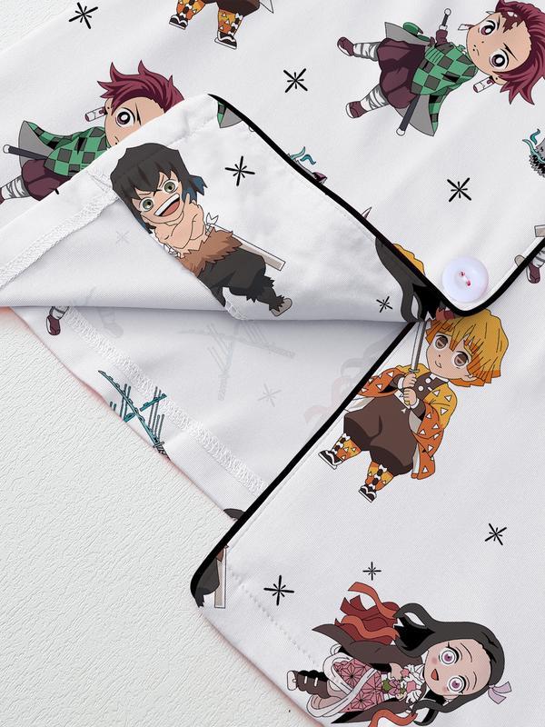 Men's Teen Domon Slayer Anime Collared Short Sleeve Pajama Set, Comfortable Sleepwear for All Seasons, Cute Movie Pajamas Gift