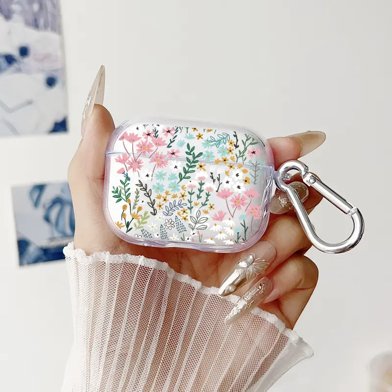 Floral Whimsy Dream Pattern TPU Soft Protective Case for Apple AirPods 4/3/2/1/Pro/Pro2/Pro3 Transparent Earphone Cover with Keychain Attachment