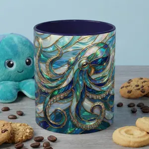 Stained Glass Octopus Mug – Blue Handle Ceramic Coffee Cup with Stained Glass Sea Creature Design, Perfect for Ocean Lovers, Marine Life & Fantasy Gifts
