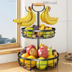 2-Tier Fruit Basket Bowl Vegetable Storage with Dual Banana Tree Hanger and Wooden carry Handle, Kitchen Countertop Metal Wire Basket for Bread Onions Potatoes Organiser HangableAGripset24XXBloop210