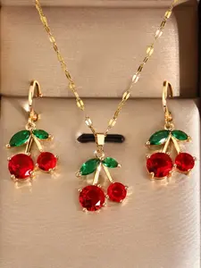 Cute Style Necklace Earrings Set, Elegant Cherry Design, Luxury Fashion Jewelry Accessories, Perfect for Gifts, Parties, Holidays