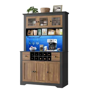 Garvee 68.7" Pantry Cabinet with LED Light, Charging Station, Power Outlet, and Countertop; Kitchen Hutch with Storage Drawers, Adjustable Shelves, and Wine Glass Rack; Ideal for Dining Room and Living Room