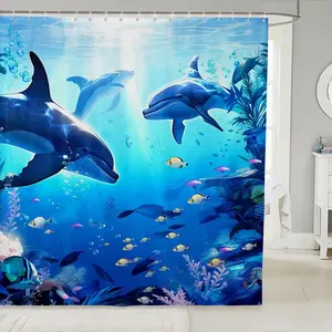 Dolphin Shower Curtain,Ocean Marine Themed Bathroom Shower Curtain Set,Sea Creatures Bath Curtain,Hawaiian Sealife Blue Curtains,72"Wx72"L
