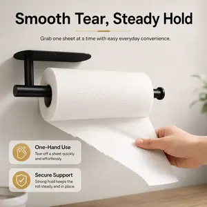 Self Adhesive Paper Towel Holder, No Drill Wall Mounted Kitchen Roll Holder, Black Metal Under Cabinet Paper Towel Rack for Kitchen Bathroom Pantry RV