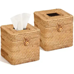 Rattan Woven Paper Towel Box Cover, 5.7"x5.7"x5.7", Square Decorative Basket Lid with Hinged Top, Ideal for Home Office Living Room Bathroom