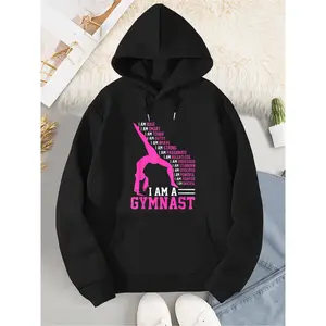 Gymnastics Hoodie for Women - I Am A Gymnast Motivational Handstand Print Long Sleeve Hooded Sweatshirt - Perfect Gift for Gymnastics Lovers & Athletes Womenswear Tops Black Casual