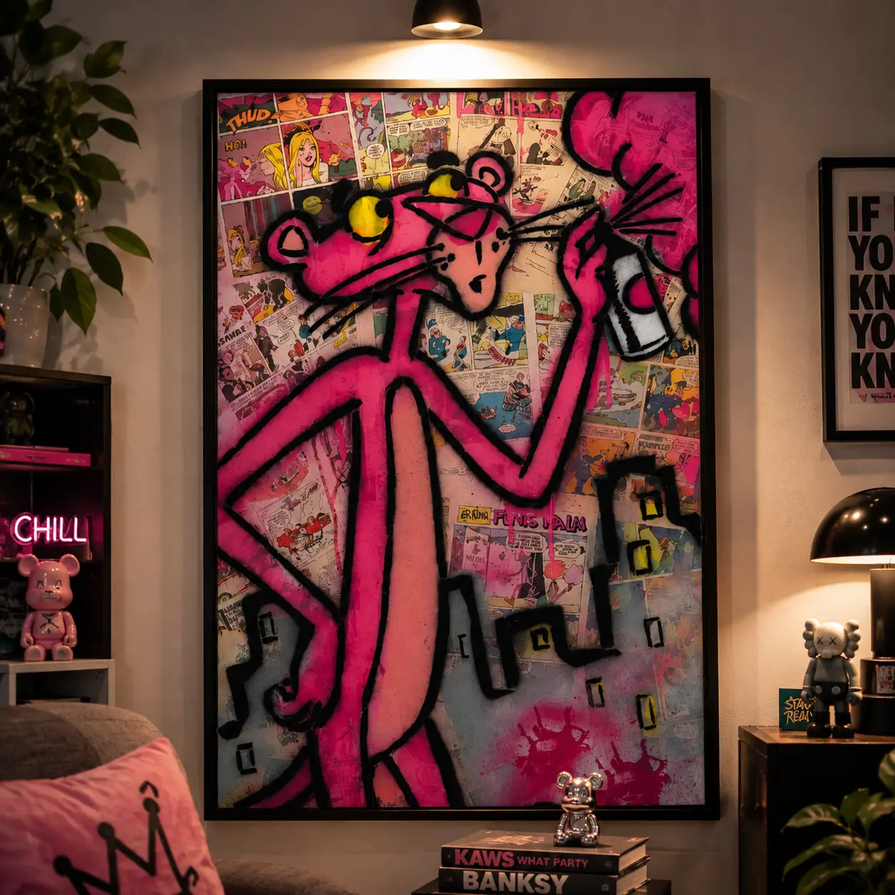 Pink Panther Street Art Graffiti Floating Head Print Poster, Artistic Wall Decor, Room Decor for Living Room, Bedroom