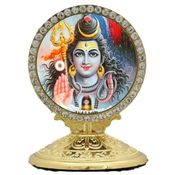 Lord Shiva Siva Crystal-Rimmed Car Dashboard Idol Gold Base Non Slip Pad Gift Ready Metal Decor with Elegant Gold Base Design and Secure Non Slip Pad
