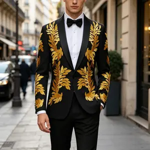 Men's 2-Piece Black & Gold Embroidered Tuxedo Suit, Slim Fit Shawl Lapel Jacket & Pants for Wedding, Prom & Stage Performance
