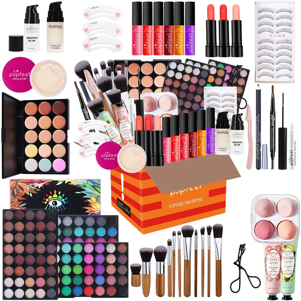 Popfeel Smooth Face Makeup Multi-Pack Set - Youth-Focused Moisturizing Eyeshadow, Foundation, Concealer, Brushes, Tools, Puff, False Eyelashes, Skin-Safe Pre-Packed Assorted Makeup Gift Set for All Skin Types, Holiday Gifting, Assorted Makeup Sets