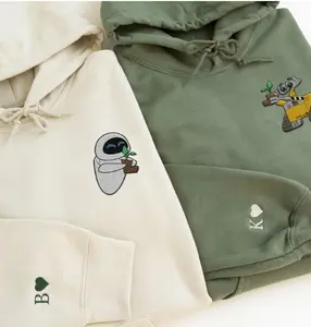 Custom Embroidered Wall E And Eve Matching Sweatshirt, Couple Embroidery Sweater, Initial On Sleeve