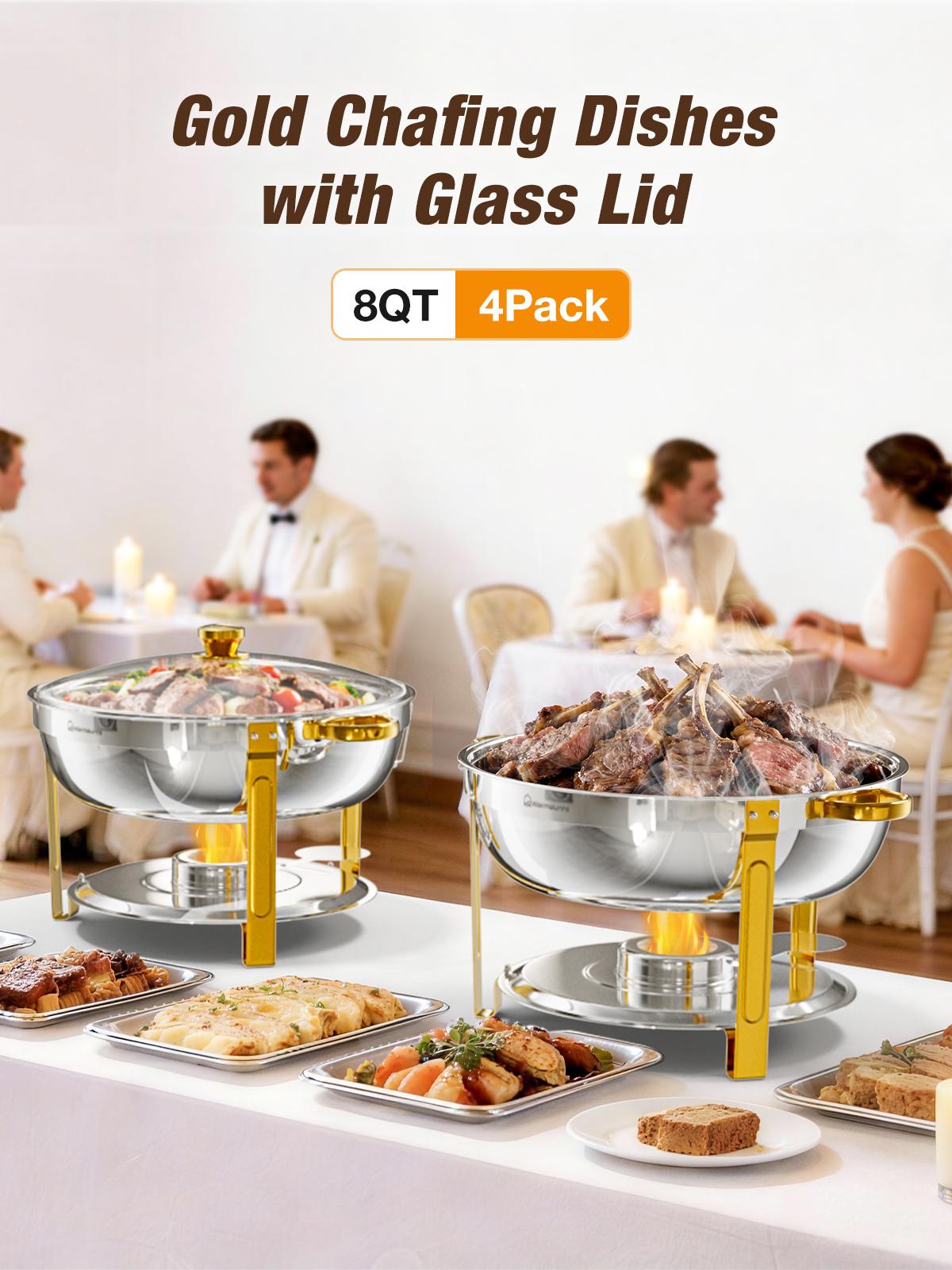 WARMOUNTS 8QT Gold Chafing Dishes for Buffet with Glass Lid , Round Chafers and Buffet Warmers Set with Mirror-Polished Stainless Steel, Rolled Rim, Stackable, Lid Holder for Parties, Weddings, Easter, Gatherings (2/4 Pack）