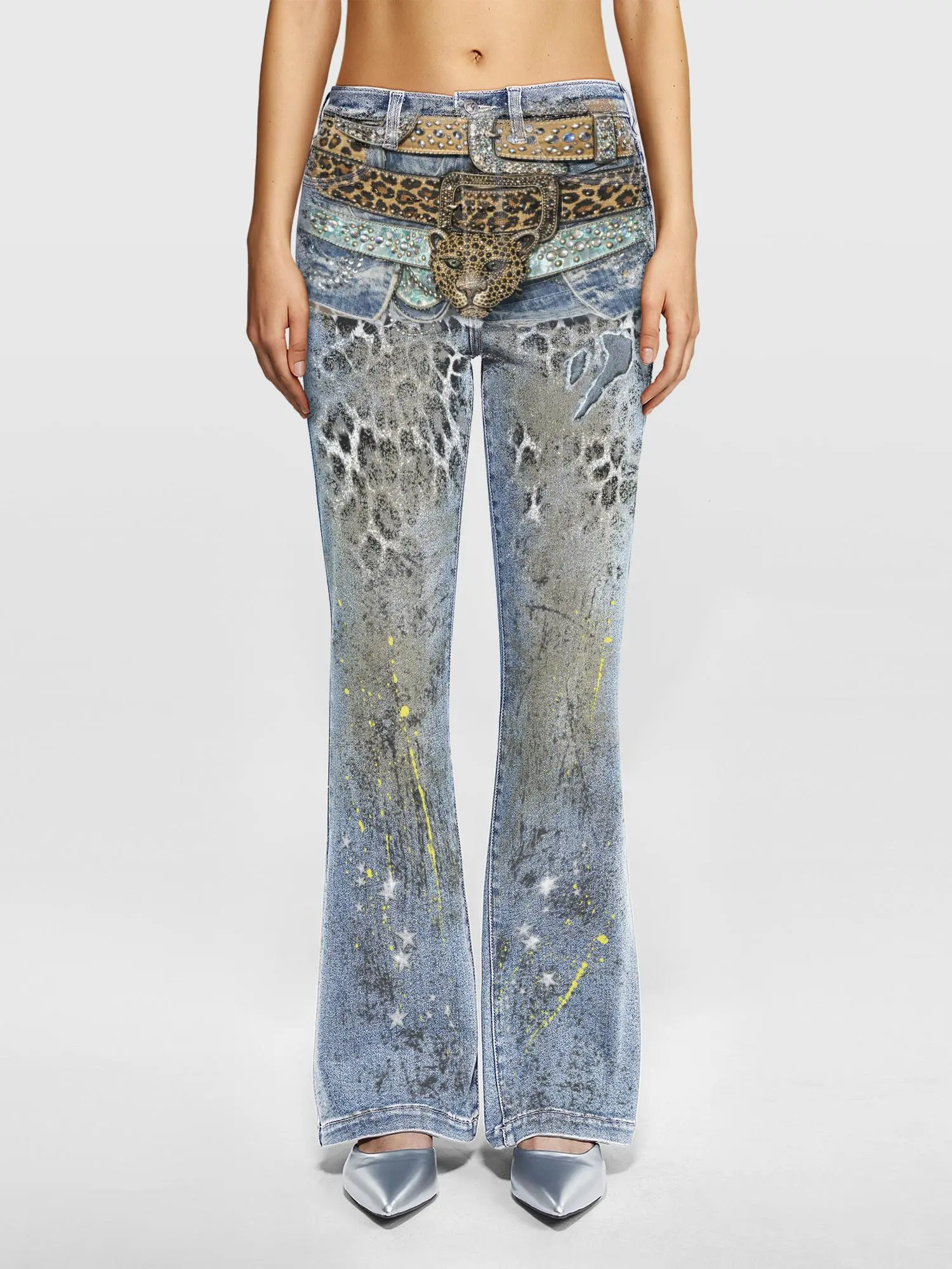 JR JEANIUS WEAR Women's High Waist Flare Jeans, Vintage Acid Wash Stretch Denim with Leopard Print and Rhinestone Star Embellishments, All-Season Streetwear, Leopard Print Pants, All Seasons, Below Ankle, Cold Wash, Aesthetic, Everyday, Suit, Bottom, Over